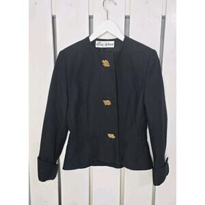 Ilie‎ Wacs Black Textured Short Blazer Jacket Scallop Hem Gold Buttons 8 Med USA